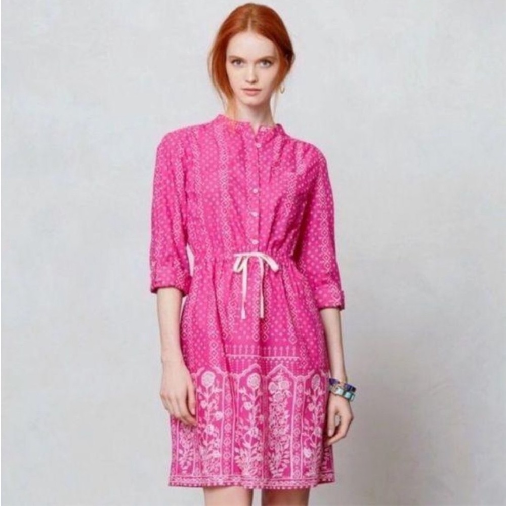🆕 Anthropologie: Meadow Rue Pink with White Print Dress. 100% Cotton NWOT